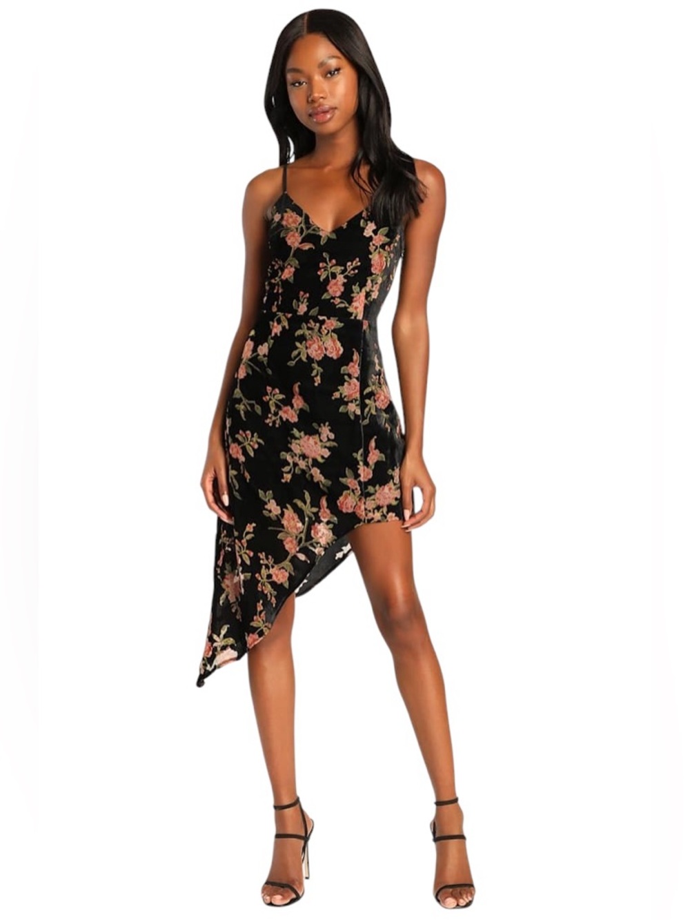 NWT Lulus Evenings with You Black Floral Asymmetrical Velvet Dress